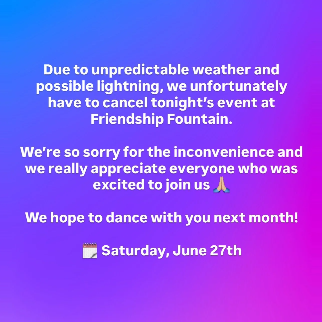 We&rsquo;re so sorry, friends 💔 Due to unpredictable weather and possible lightning, tonight&rsquo;s Silent Disco at Friendship Fountain has been canceled.

The safety of our guests and protection of our equipment always comes first. We know many of