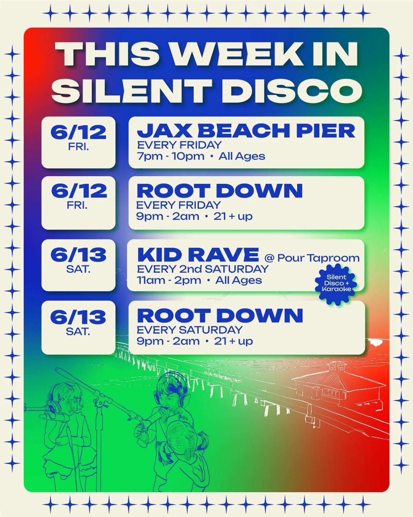 This week in Silent Disco 🪩✨

&bull; SUNSET SILENT DISCO ON THE PIER 🌅
📆 : Friday, June 12th
♻️ : Reoccurring EVERY Friday for the summer &bull; Weather Permitting 🌧️
📍 : 503 1st St N &bull; @jaxbeachpier 
🕗 : 7PM - 10PM
🎧 : $5 Kids/Teens (und