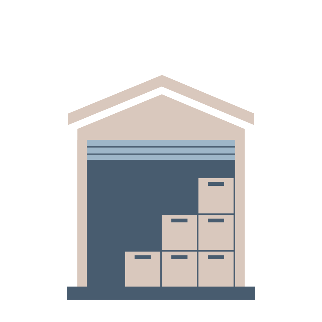 Warehouse that has a door open with six boxes stacked on top of each other.