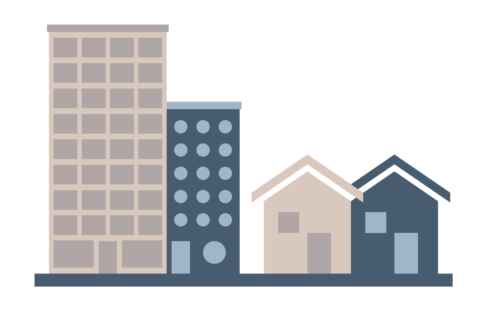 Two commercial buildings next to two residential homes.