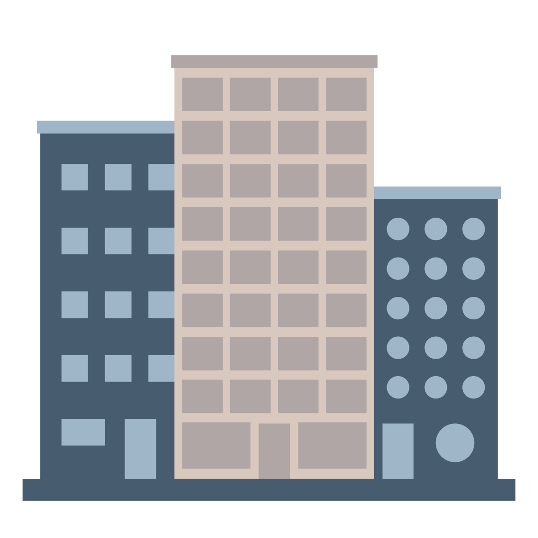 Three commercial buildings side by side.