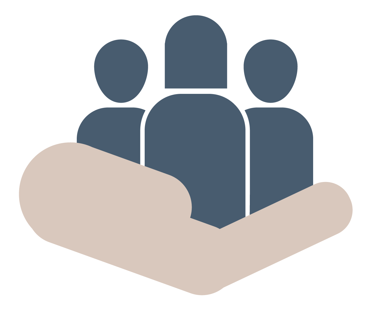 A hand open with three individuals in the palm of the hand.