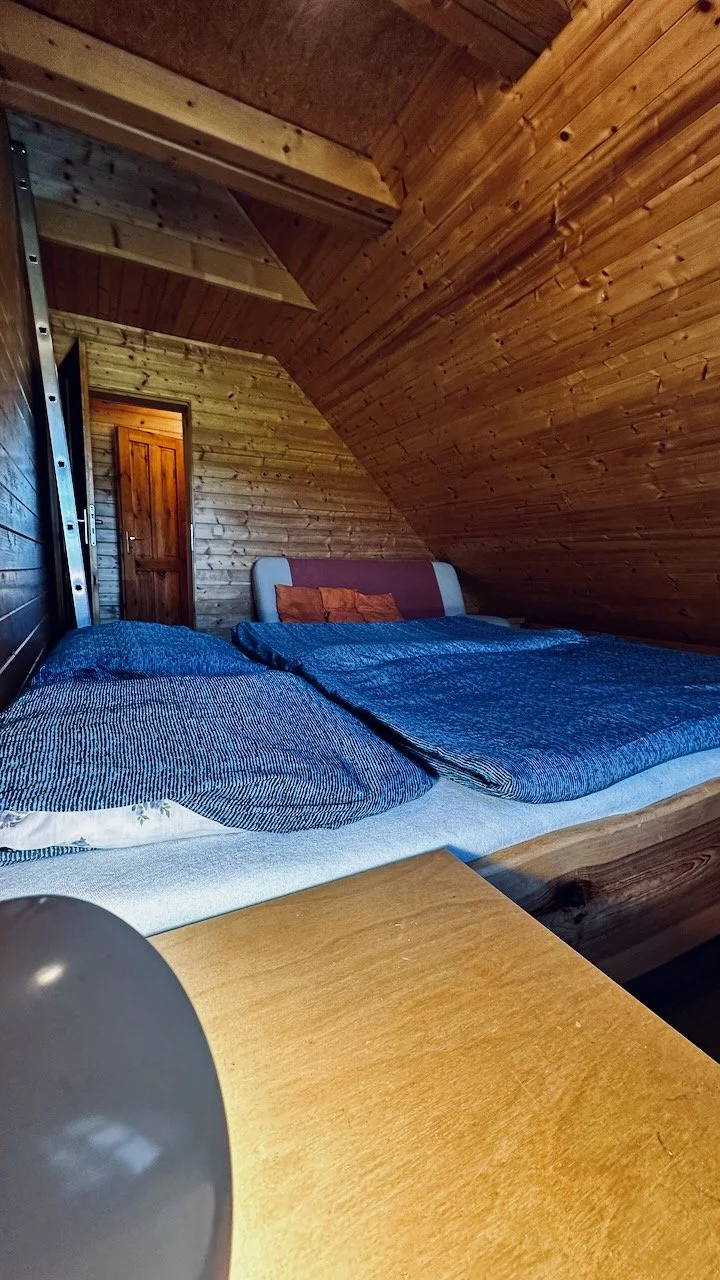 A cozy bedroom with two beds covered in blue and patterned bedspreads, wooden walls and ceiling, a small door, and a wooden desk in the foreground.