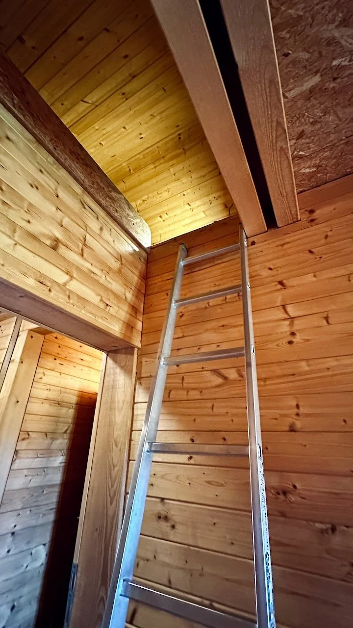 A metal ladder leaning against a wooden wall inside a room with wooden paneling and a partially visible ceiling.
