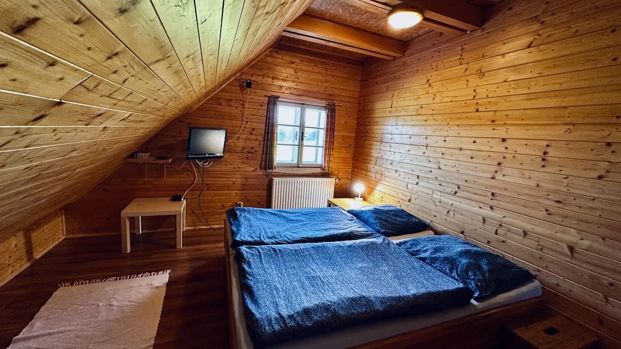 A cozy bedroom with wood-paneled walls and ceiling, a small window with curtains, two beds with blue blankets and pillows, a nightstand with a lamp, a small TV, and a white rug on the wooden floor.