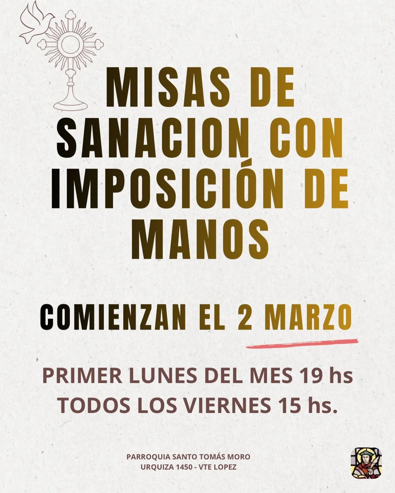 El pr&oacute;ximo lunes nos volvemos a encontrar en las Misas de sanaci&oacute;n. El lunes 2 a las 19 hs y el viernes 6 a las 15 hs.