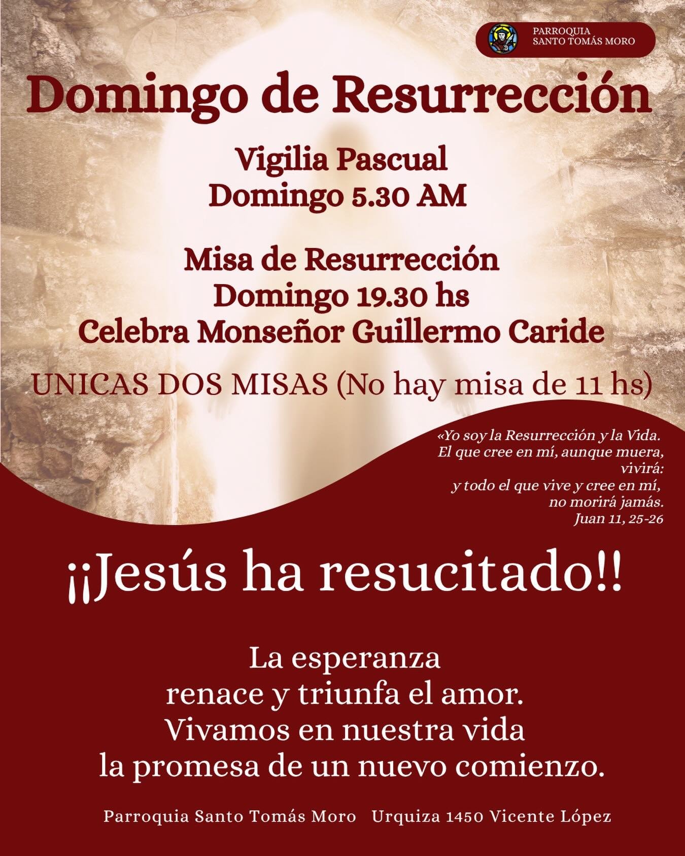 Les compartimos los horarios de las misas del pr&oacute;ximo domingo. El domingo de Resurrecci&oacute;n NO HAY misa de 11 hs. Nos vemos 🙌🏻
