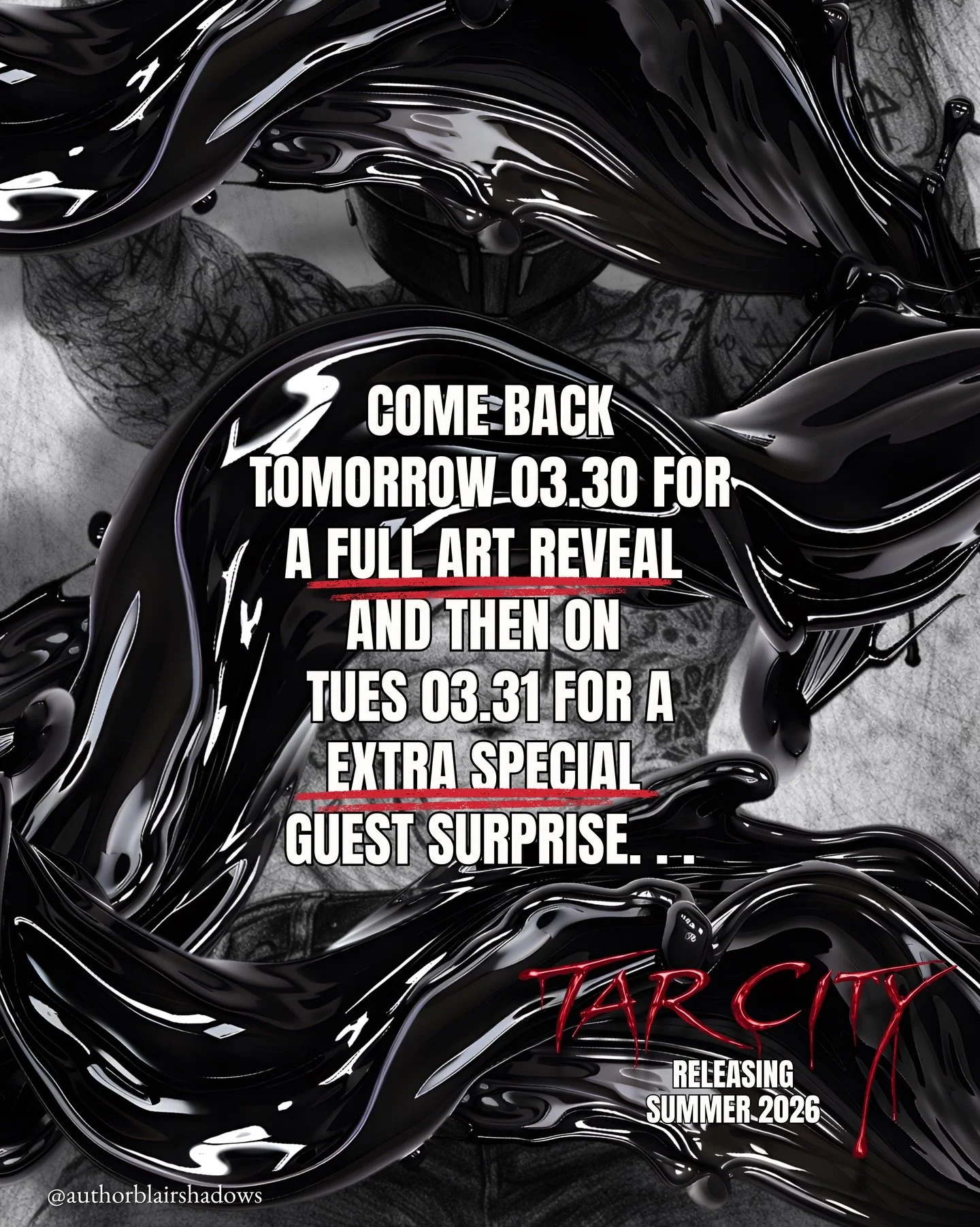 Come back tomorrow for the full reveal 👀

Tar City is a dark romance with paranormal elements set in a cursed city perfect for readers who love: 

🥃Men with tattoos &amp; piercings 
❤️&zwj;🔥Fierce women
🖤TAR daddy 
🌑God like powers 
⏳Then and No