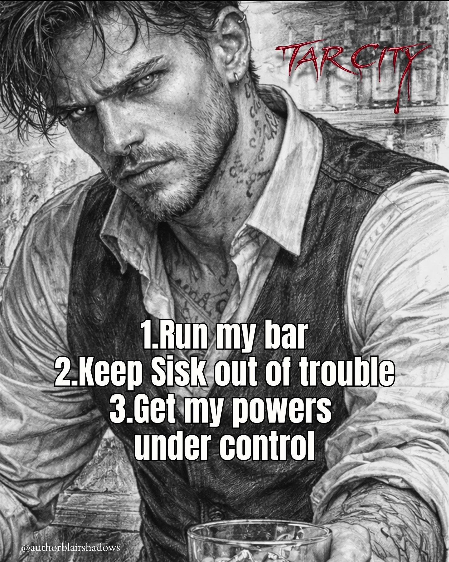 Jax has his priorities right. . . make Sisk happy always

🖤Art by me!

Tar City is a dark romance with paranormal elements set in a cursed city perfect for readers who love:

🥃Men with tattoos &amp; piercings
❤️&zwj;🔥Fierce women
🖤TAR daddy
🌑God