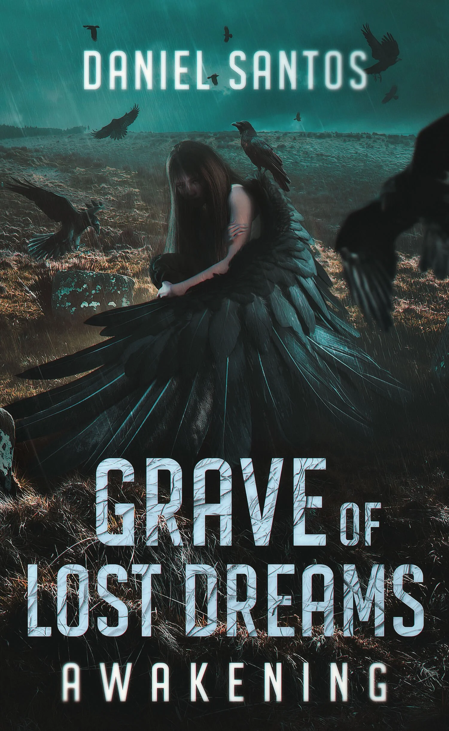 Book cover for 'Grave of Lost Dreams: Awakening' by Daniel Santos. Features a dark, moody landscape with a woman with long hair, dressed in black, sitting among large black feathers, surrounded by flying crows or ravens, under a rainstorm.