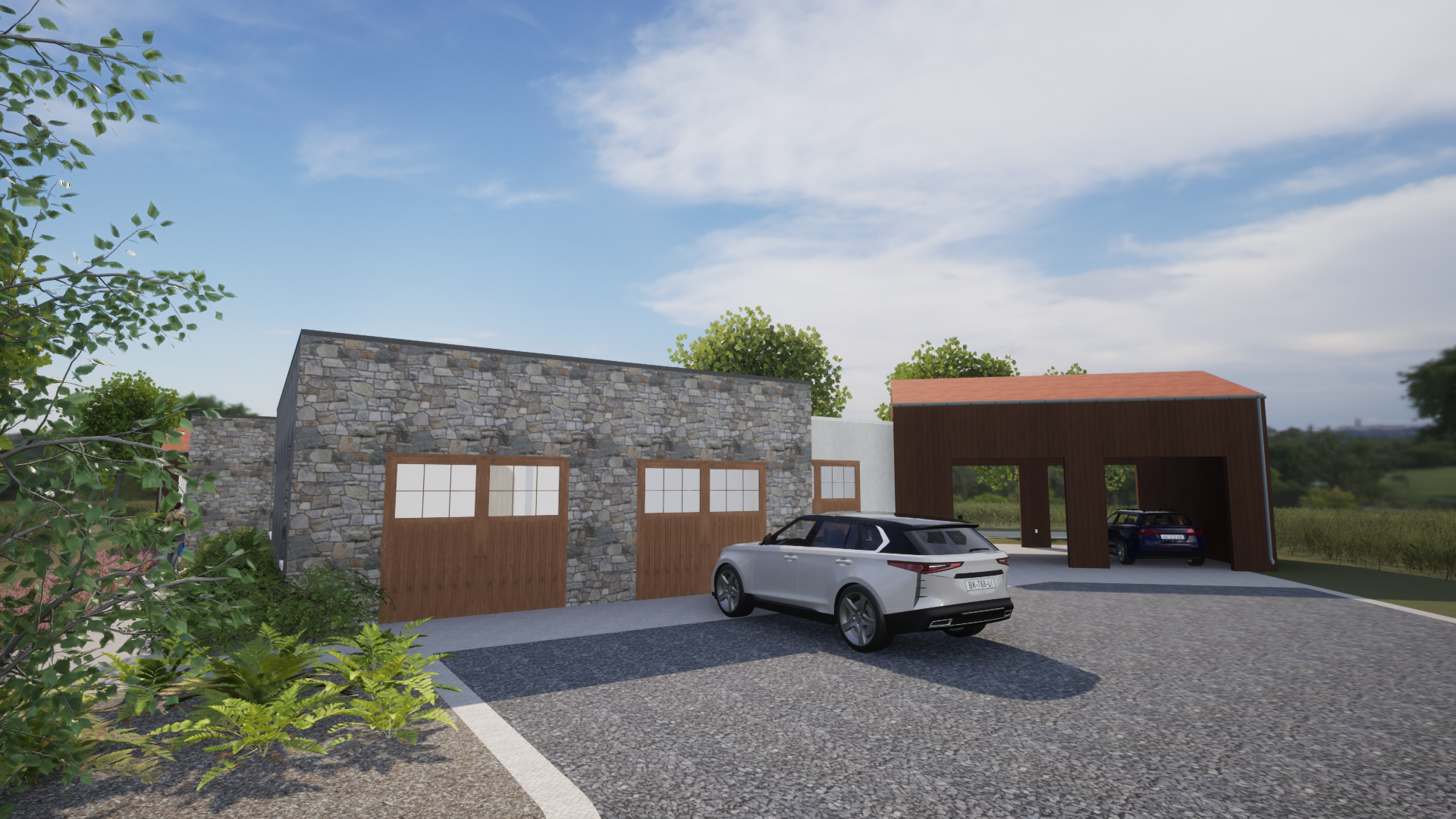Parking area rendering with white car
