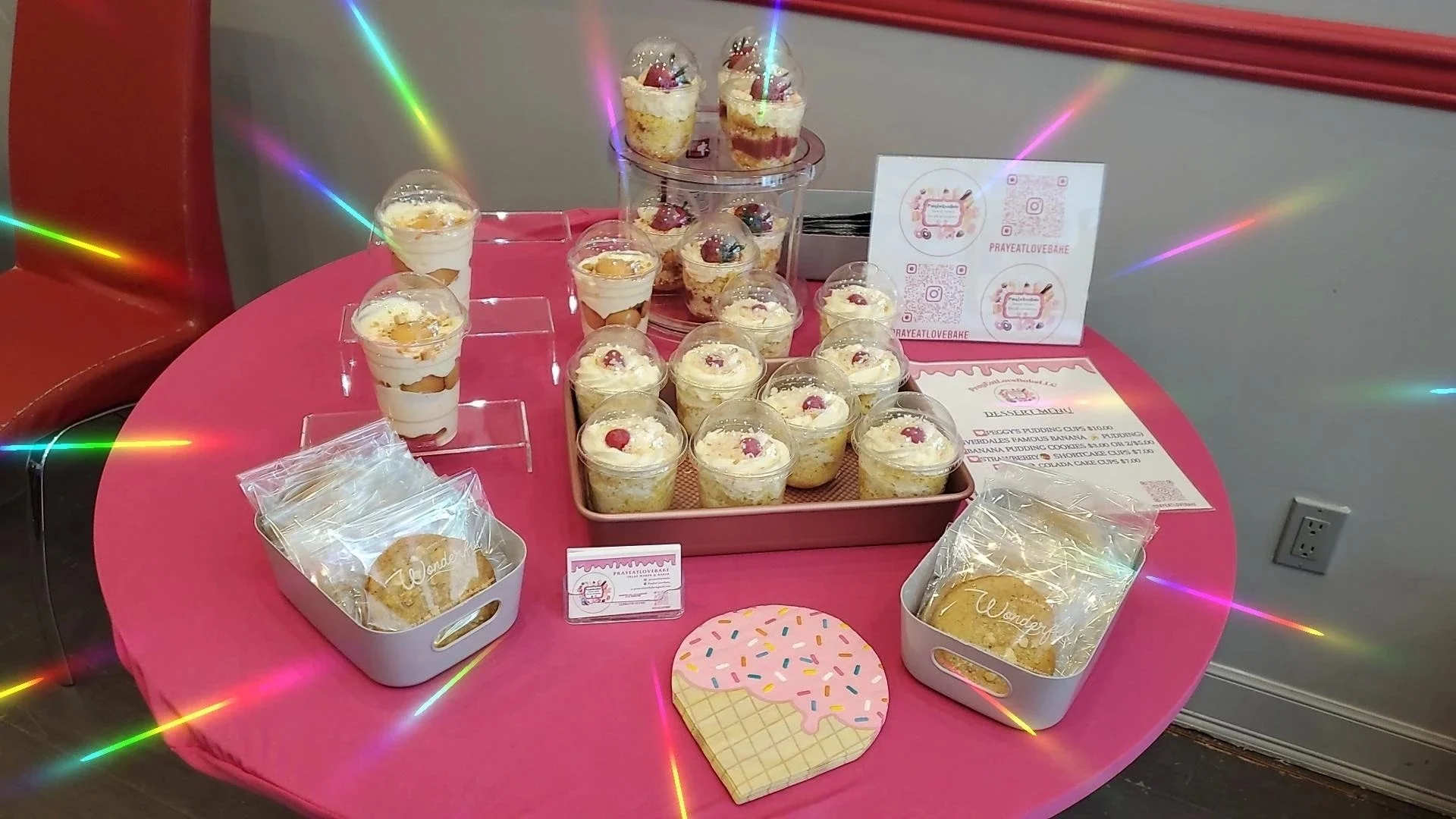 dessert display on pink table