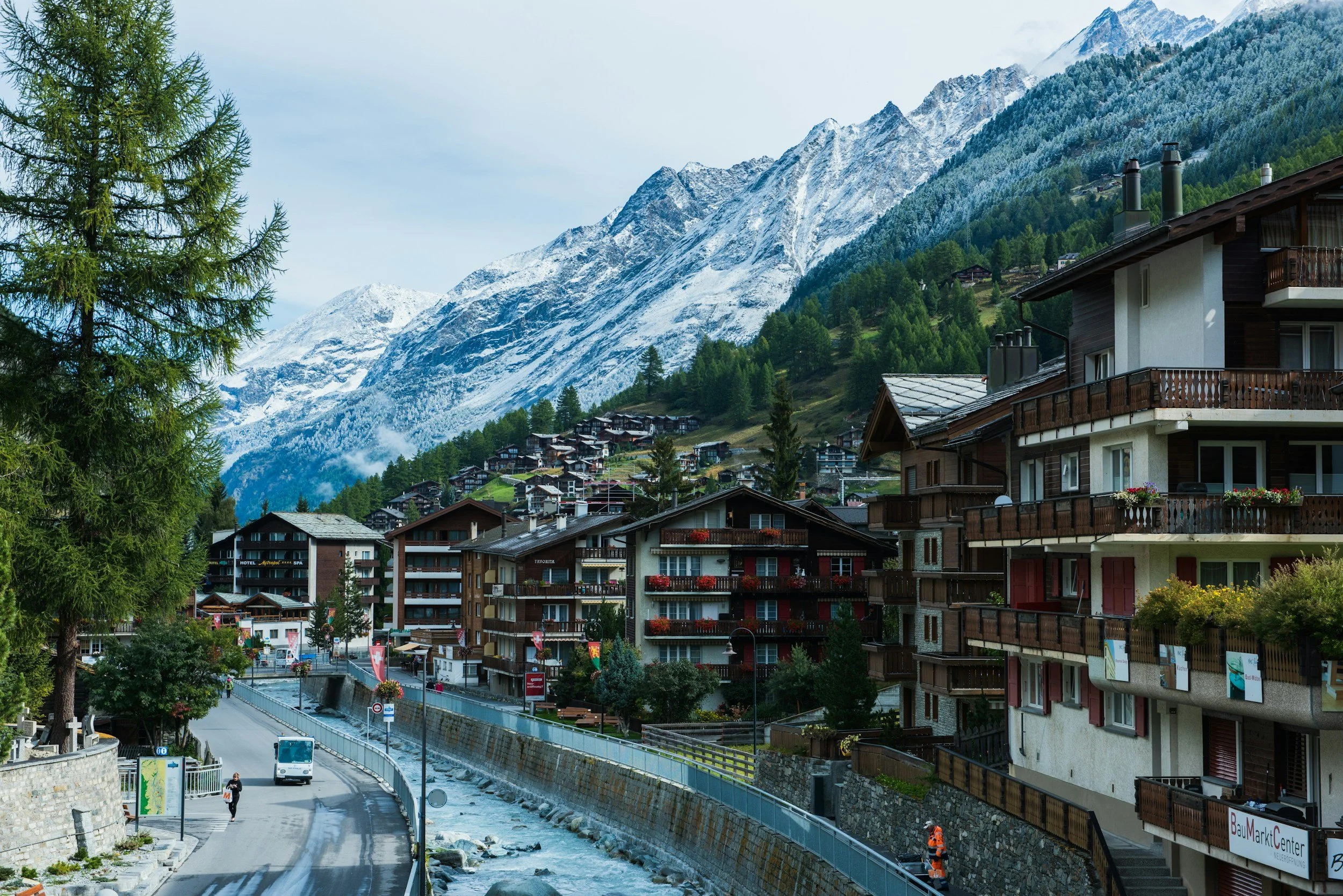 Photograph of a Swiss village with the Alps in the background
