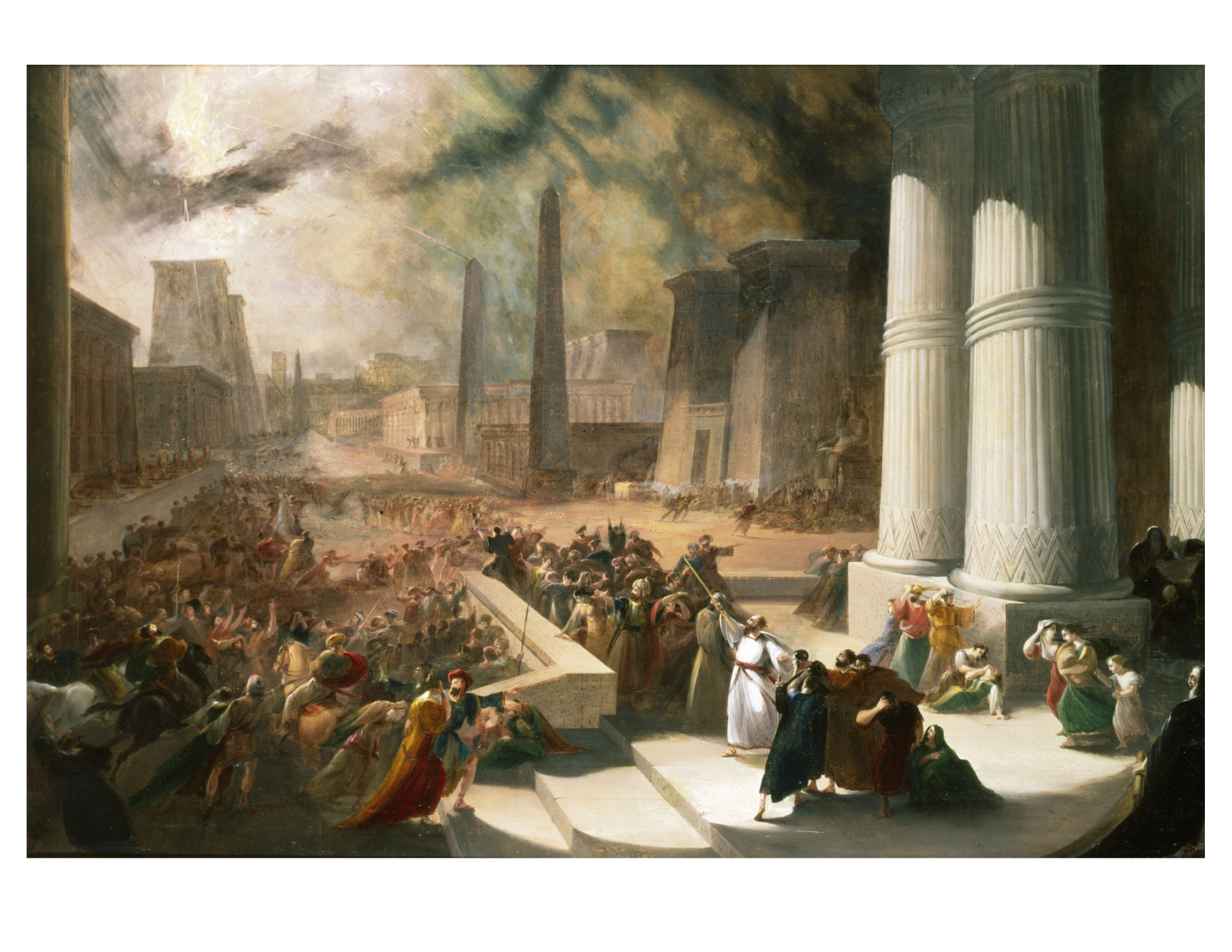 Painting showing citizens of ancient Egypt fleeing in panic during the plague