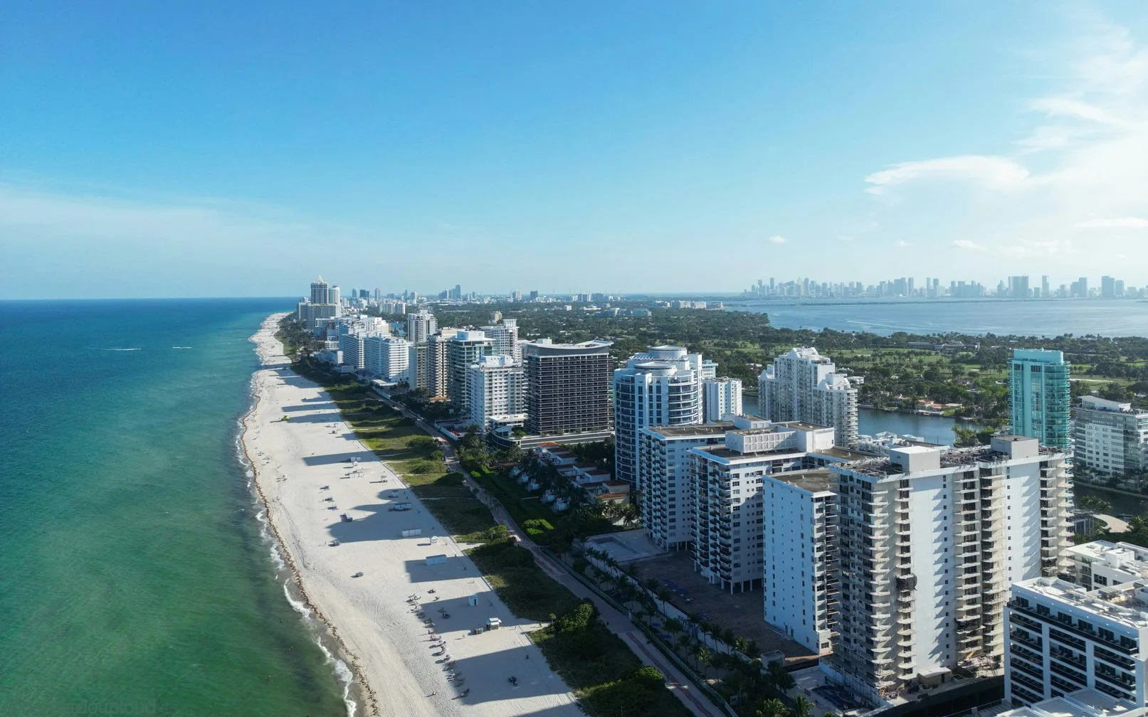 Aerial view of beachfront development in Miami, FL