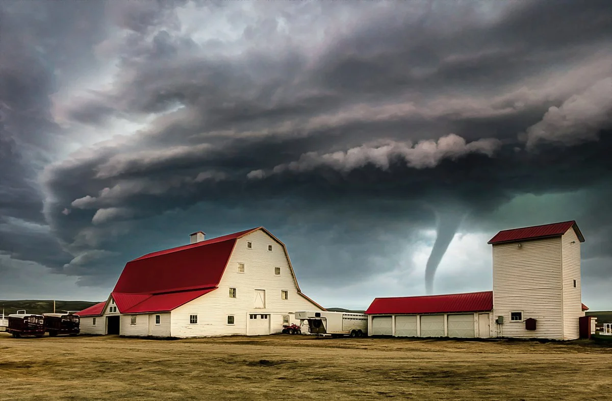 White barn with red roof and farm equipment and grey clouds with tornado in the background