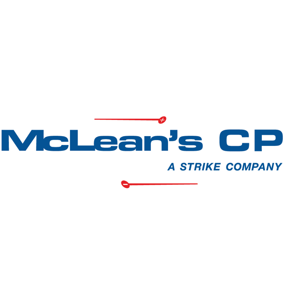 The logo of McLean's CP, a strike company, featuring the company name in bold blue letters with red lines and nodes, and the tagline 'A Strike Company' in blue text.