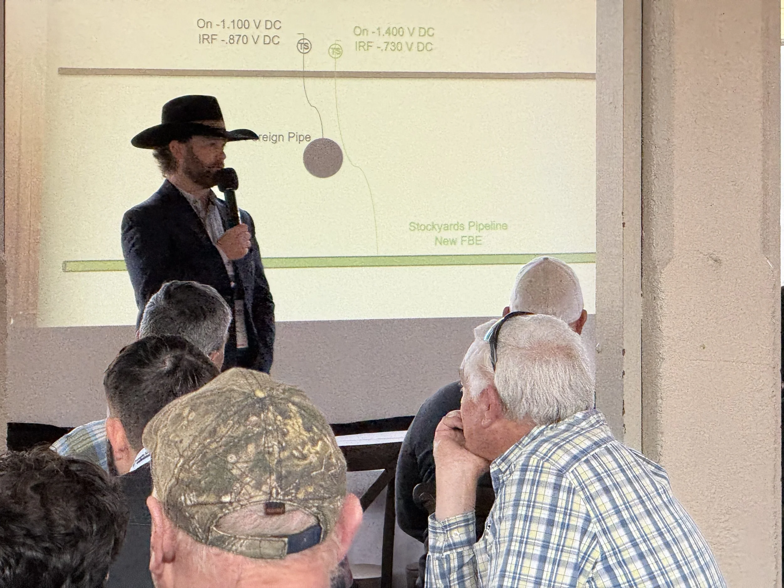 A man wearing a cowboy hat and dark suit giving a presentation using a microphone in front of an audience, with a projected slide displaying technical data on a wall.