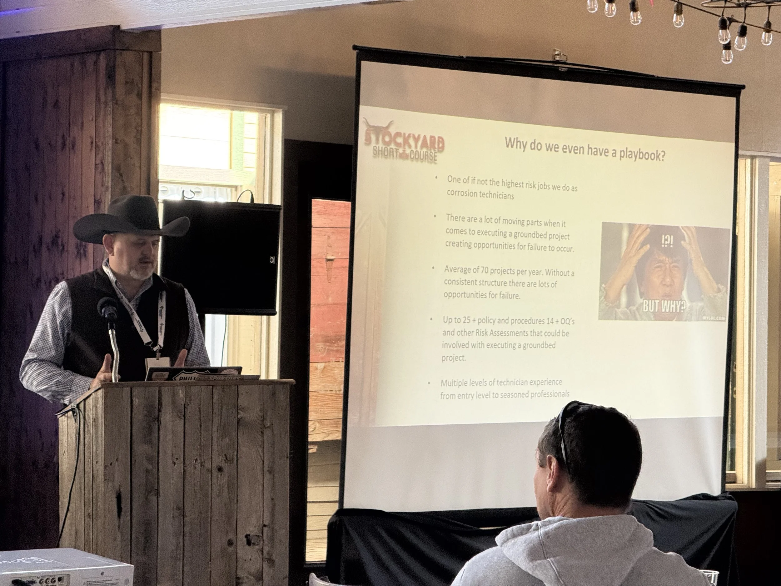 Man wearing cowboy hat giving a presentation in a rustic wooden room with a large screen displaying a slide titled 'Why do we even have a playbook?' and a meme of a woman with her hands on her head.