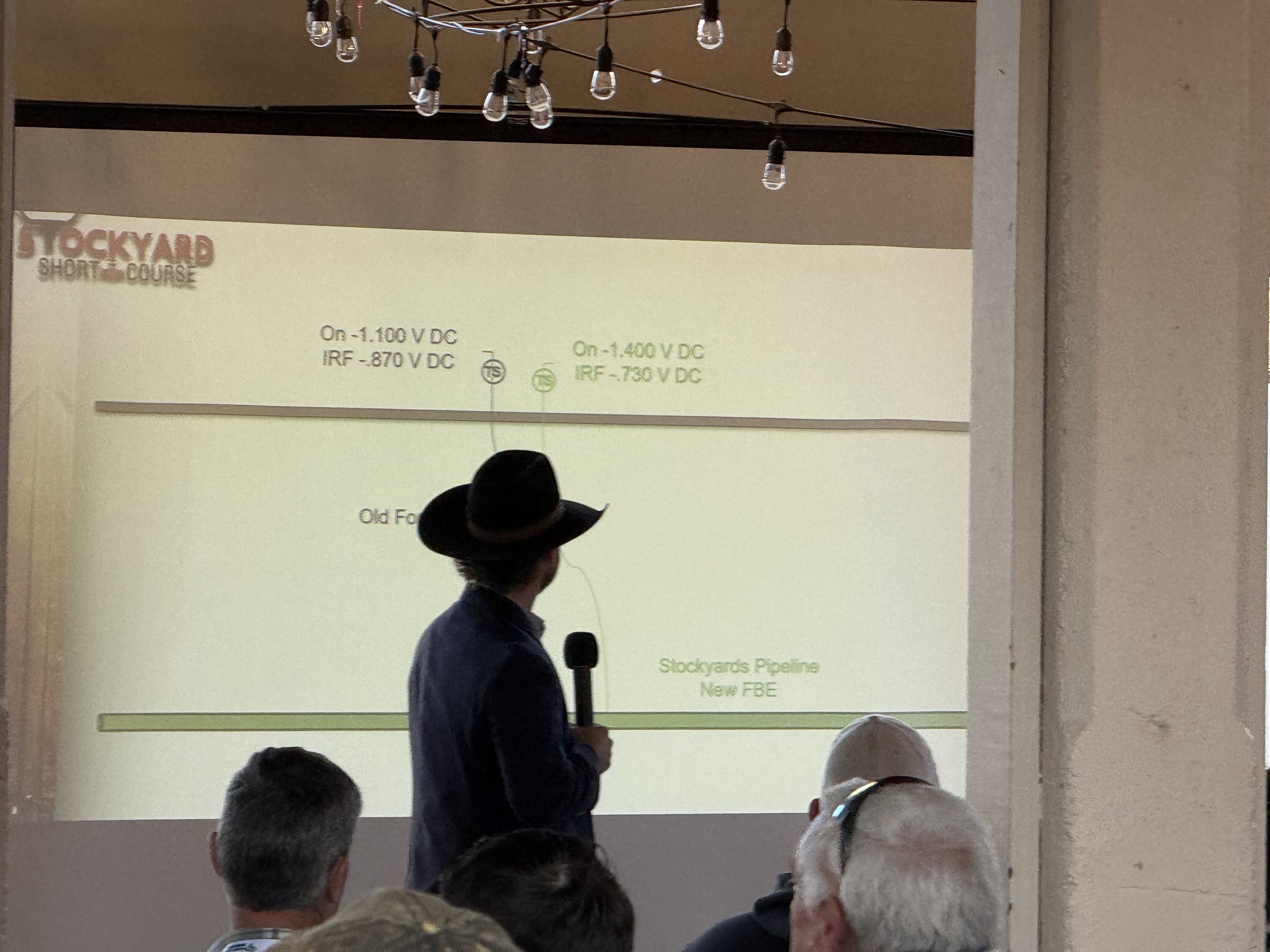 A person wearing a large black hat and dark clothing is giving a presentation on a projected slide about electrical systems, with several audience members visible in the foreground.