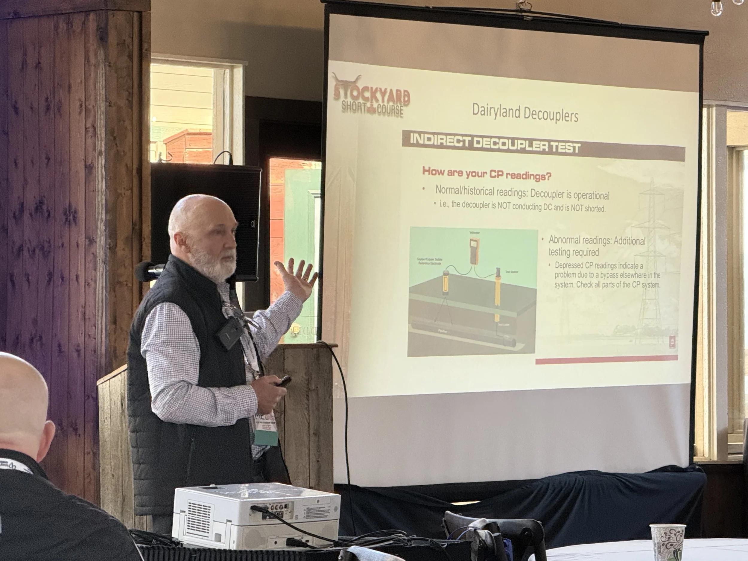 A man with a white beard and dressed in a checkered shirt and black vest is giving a presentation in a room with wood-paneled walls. He is standing next to a screen that displays a slide titled 'Dairyland Decouplers' with information about an indirec