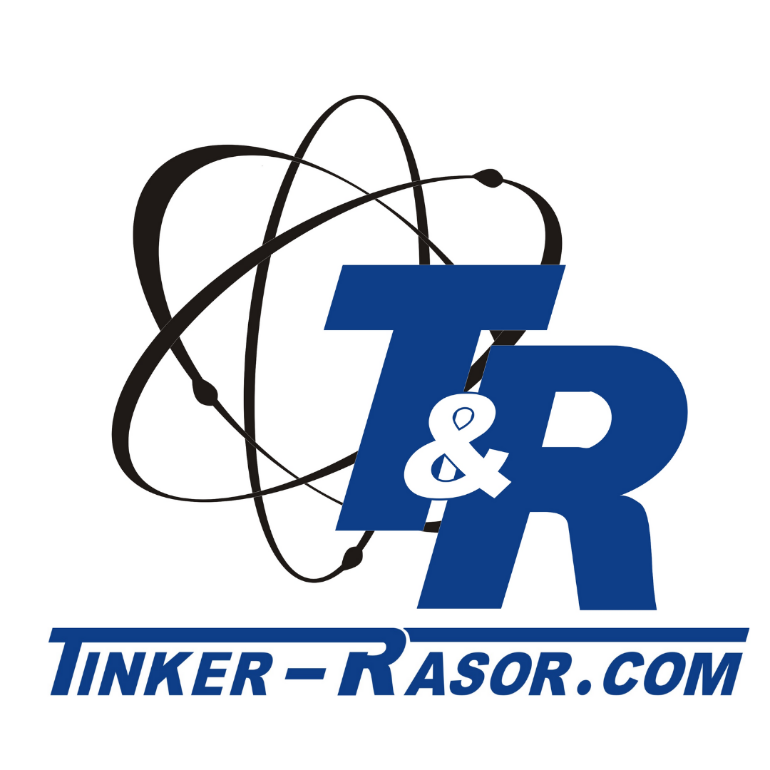 Logo for Tinker Rasor with stylized atomic or orbital design in black above large blue letters T&R, and the website tinker-rasor.com written below.