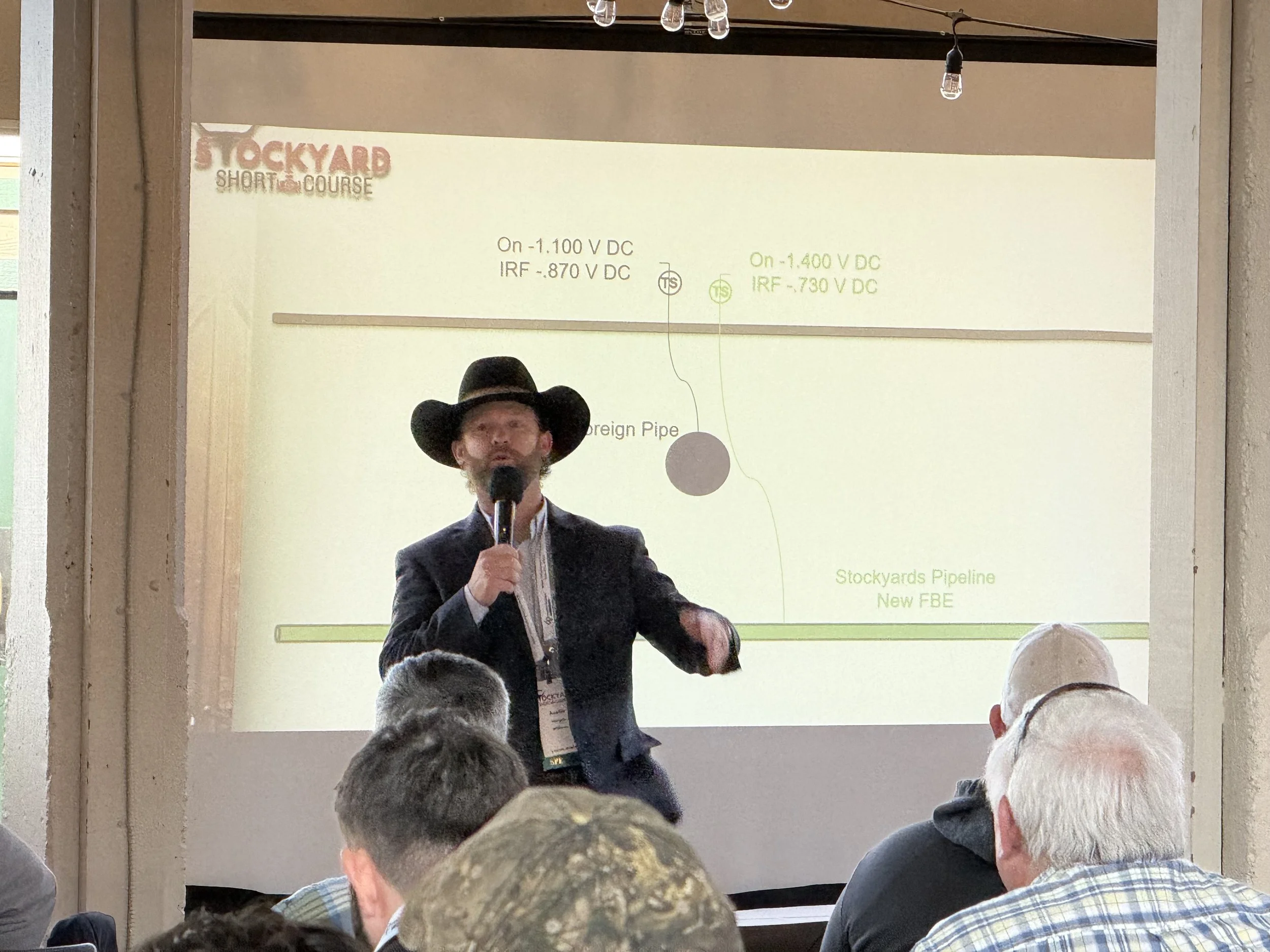 A man wearing a cowboy hat and a suit giving a presentation in front of a projected slide about pipelines and electrical voltage. Audience members are visible in the foreground.