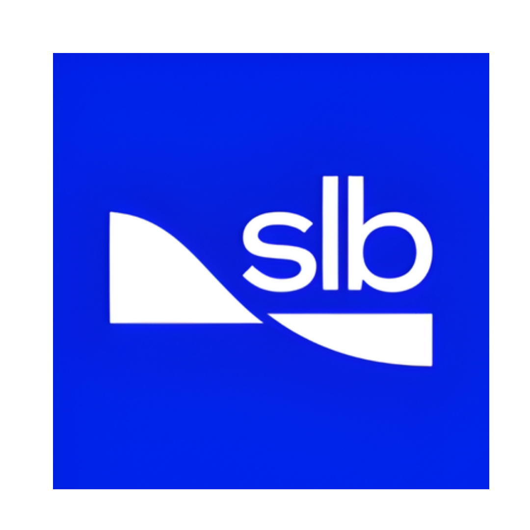 Blue background with a white geometric shape and the letters 'slb' in lowercase.