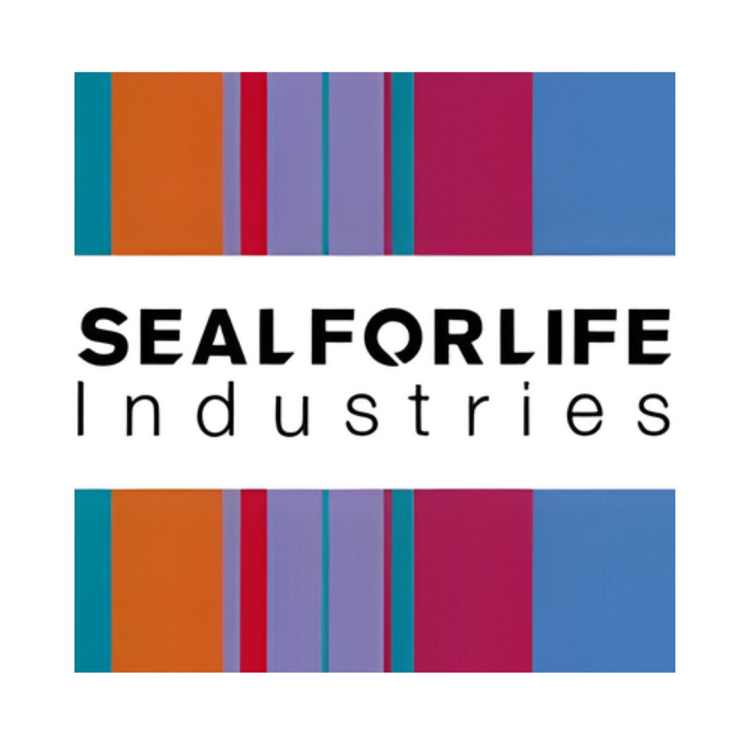 Colorful striped background with the text 'SeaForLife Industries' in bold black and lowercase letters.