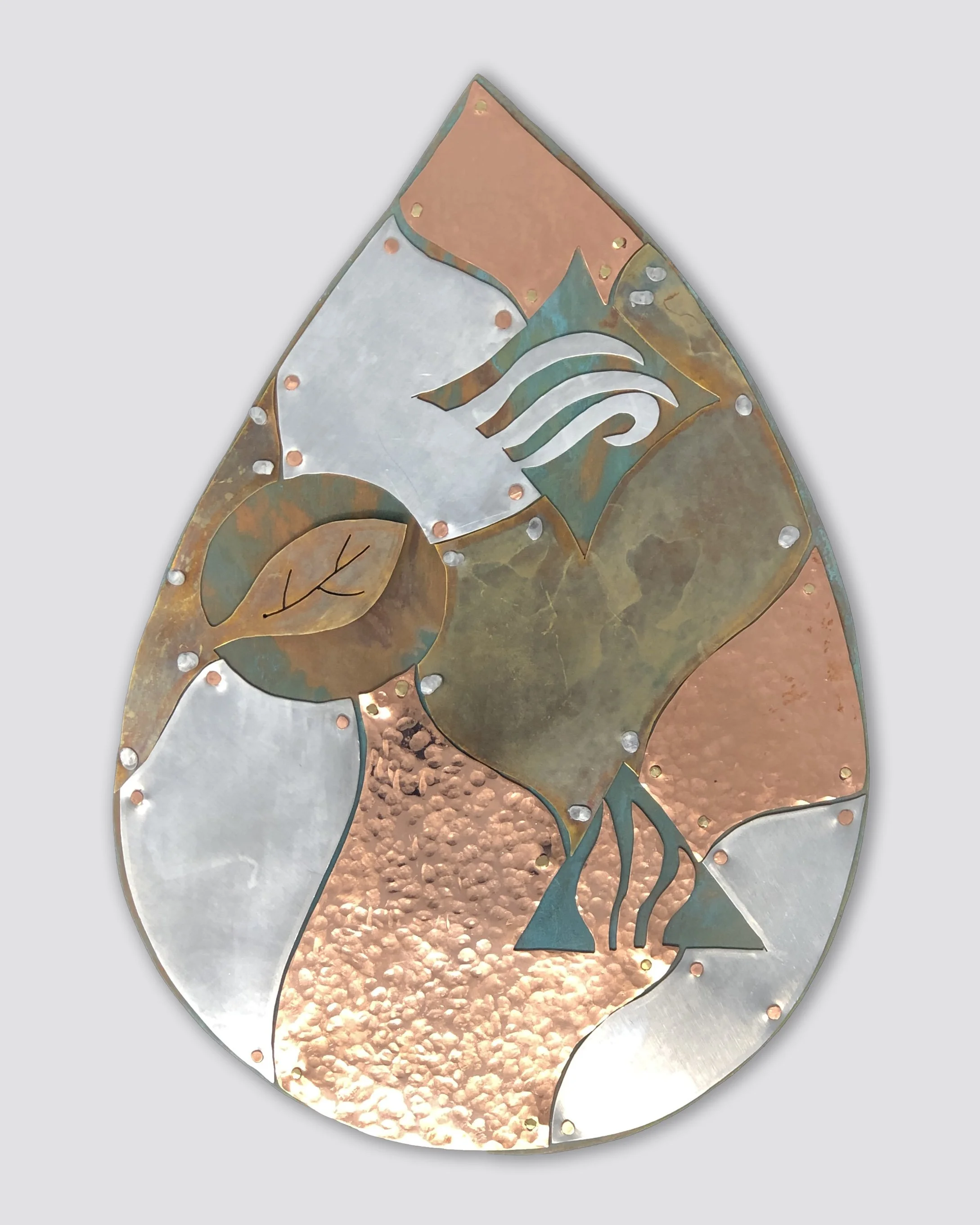 A Drop in Time, 2022, brass, copper, aluminum, patina