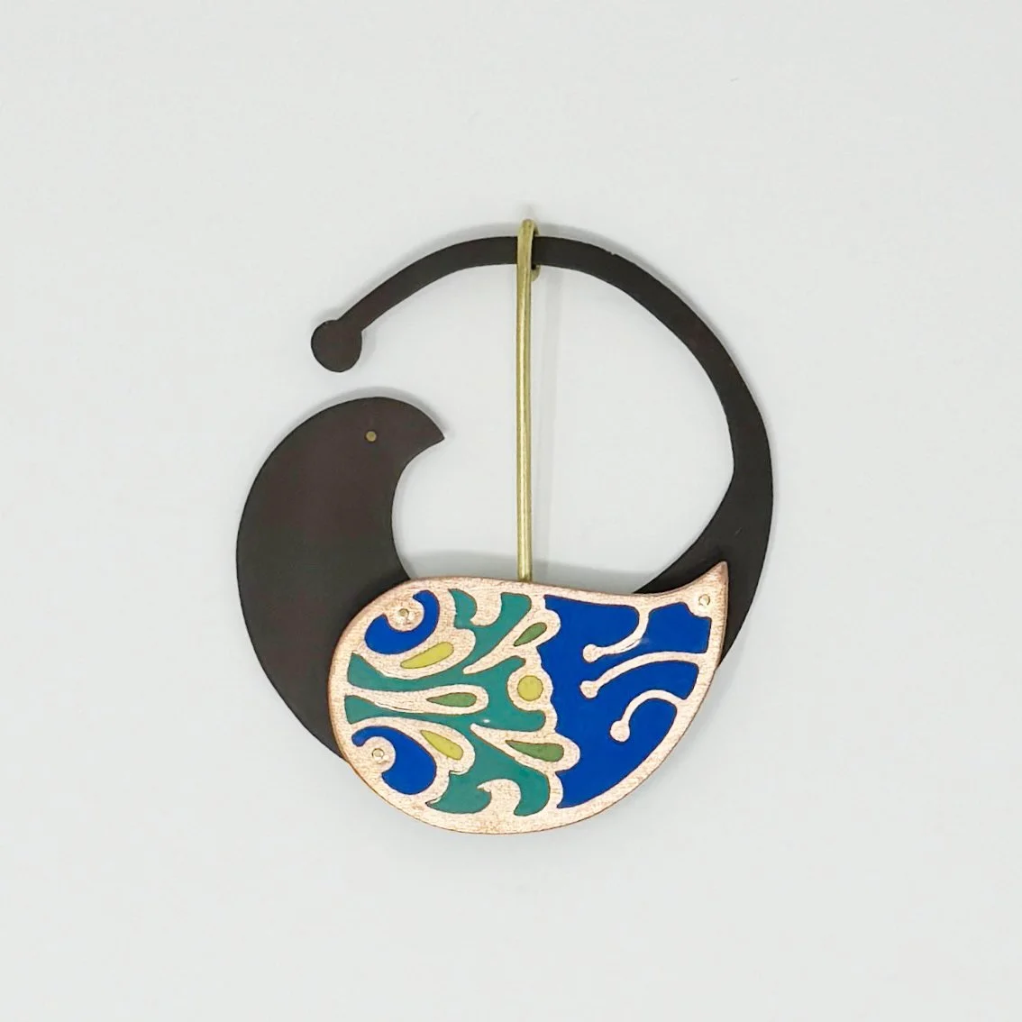 A Time to Fly, 2025, copper, brass, enamel, patina, 4" x 3.75"