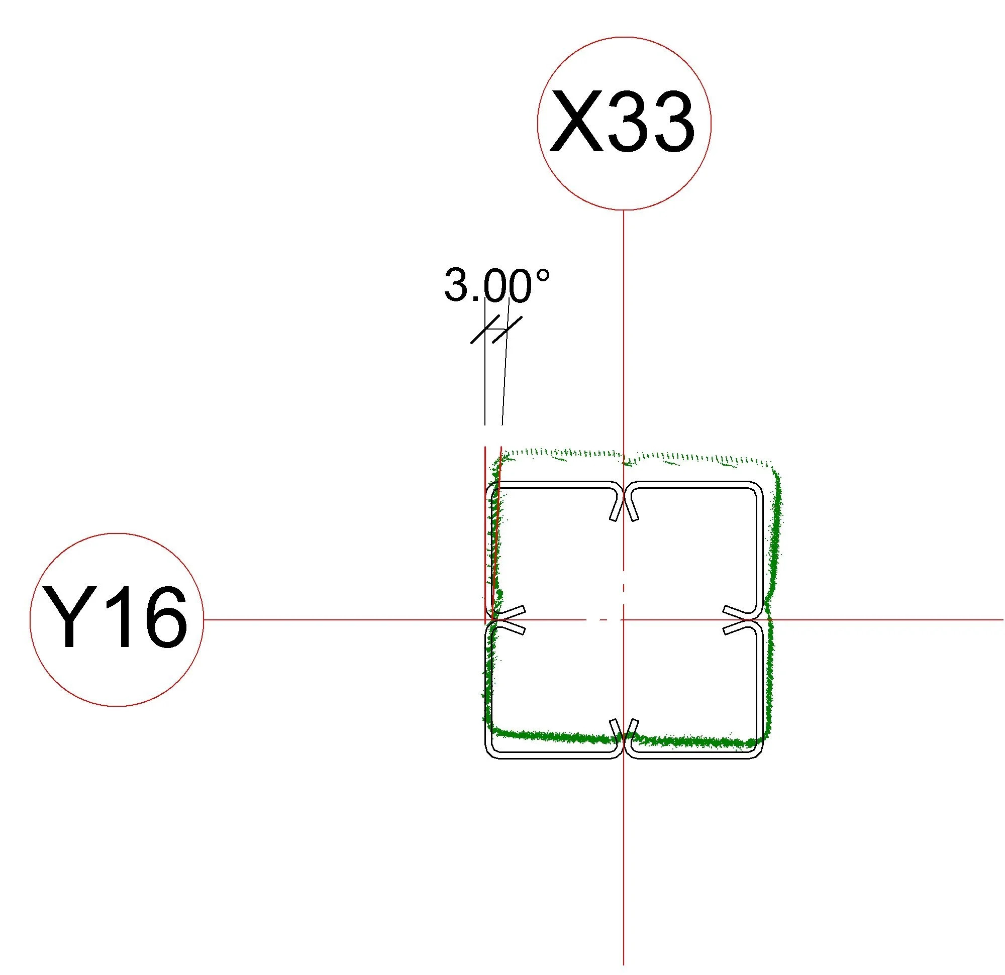 Parc 1 — one column (grid X33/Y16): the scanned section against the design, read for verticality