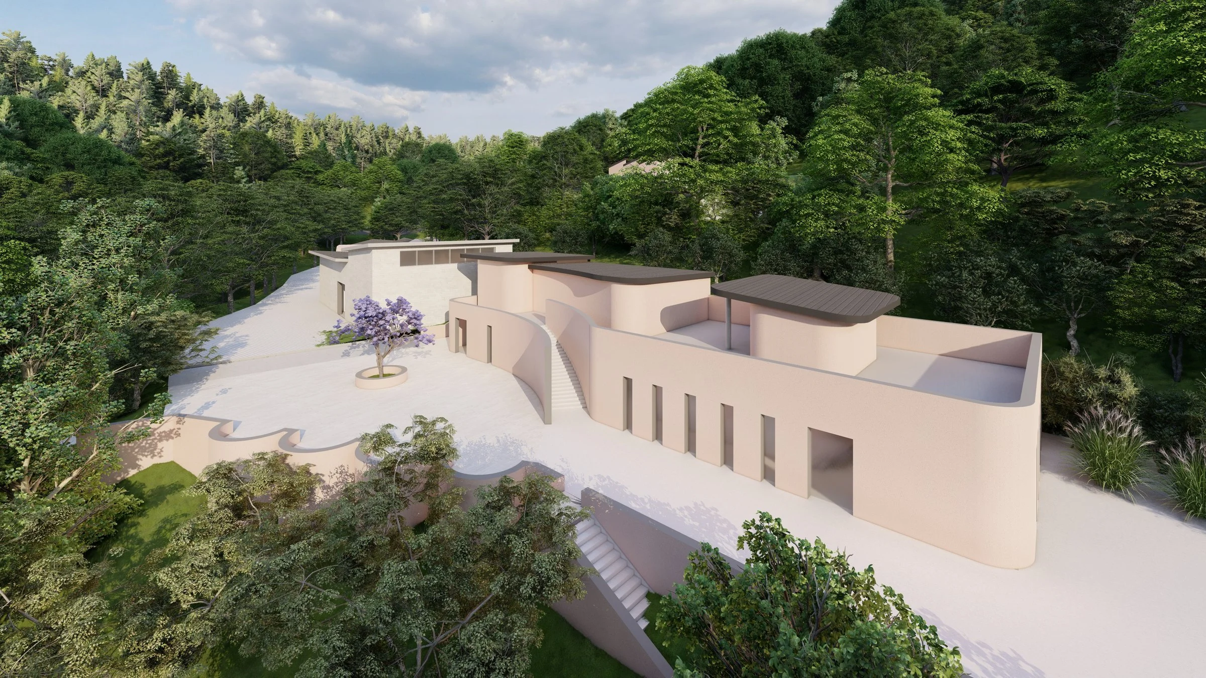 Majung, Yuseong Tourist Farm, Cheonan — rendering of the buildings on the hillside, seen from above