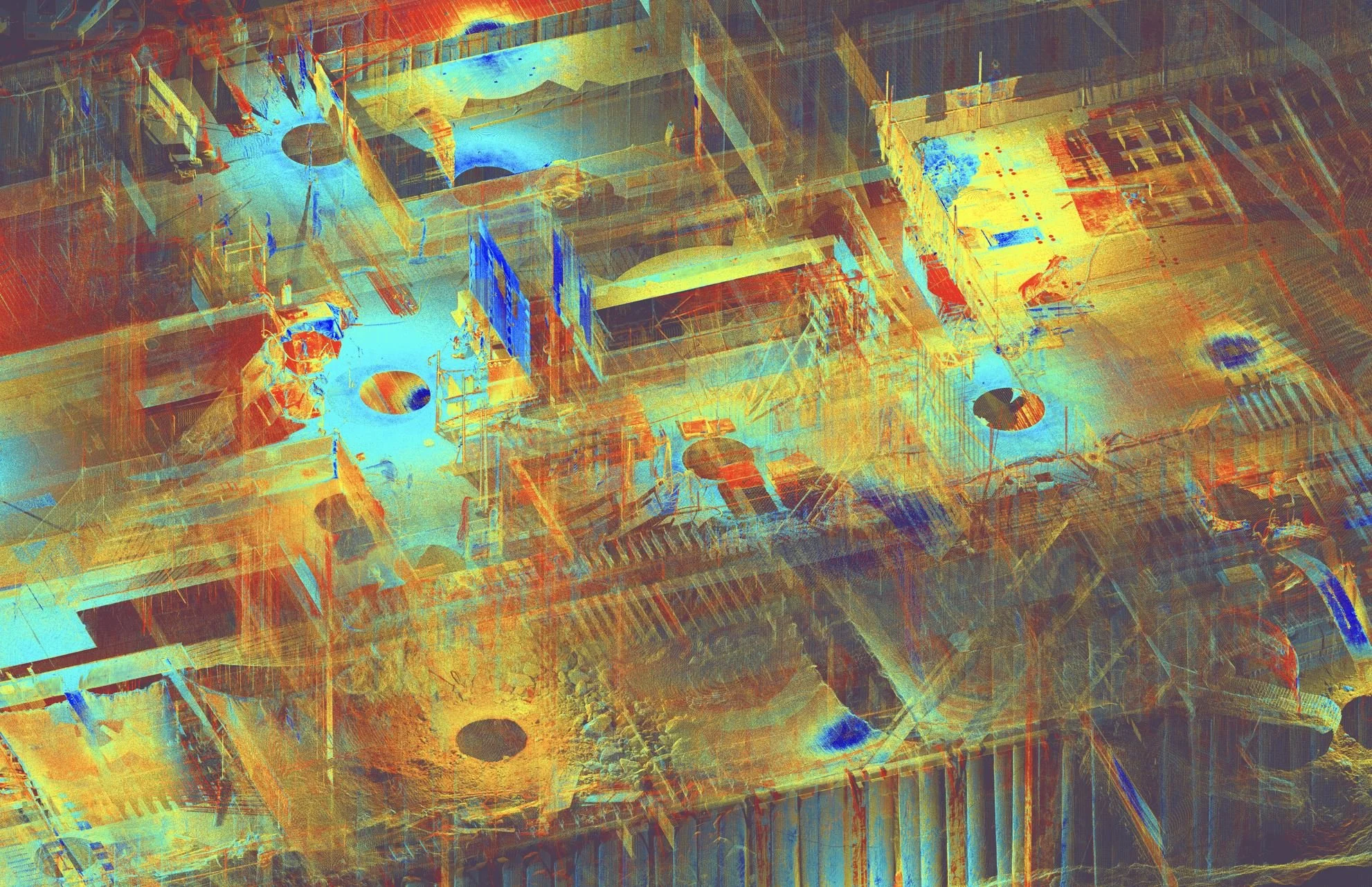 An abstract, colorful aerial view of a construction site through point cloud data.