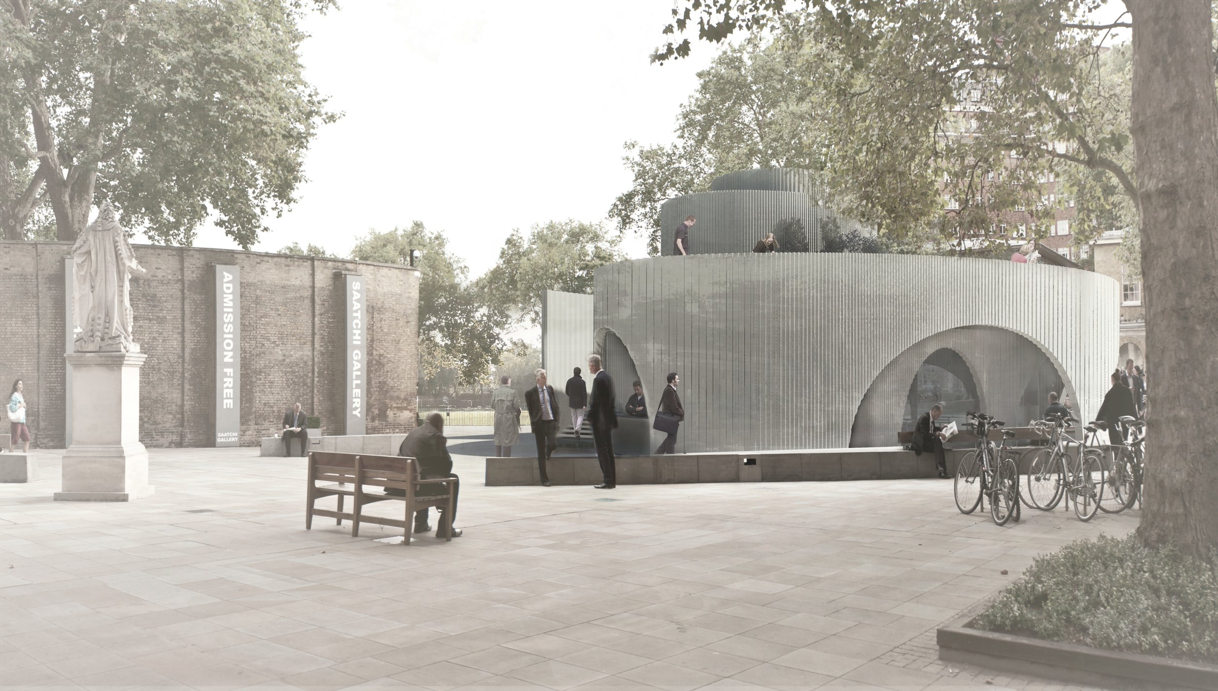 A modern cafe with a curved, metallic exterior in an outdoor plaza, featuring people walking, sitting, and cycling, with trees and a brick wall.