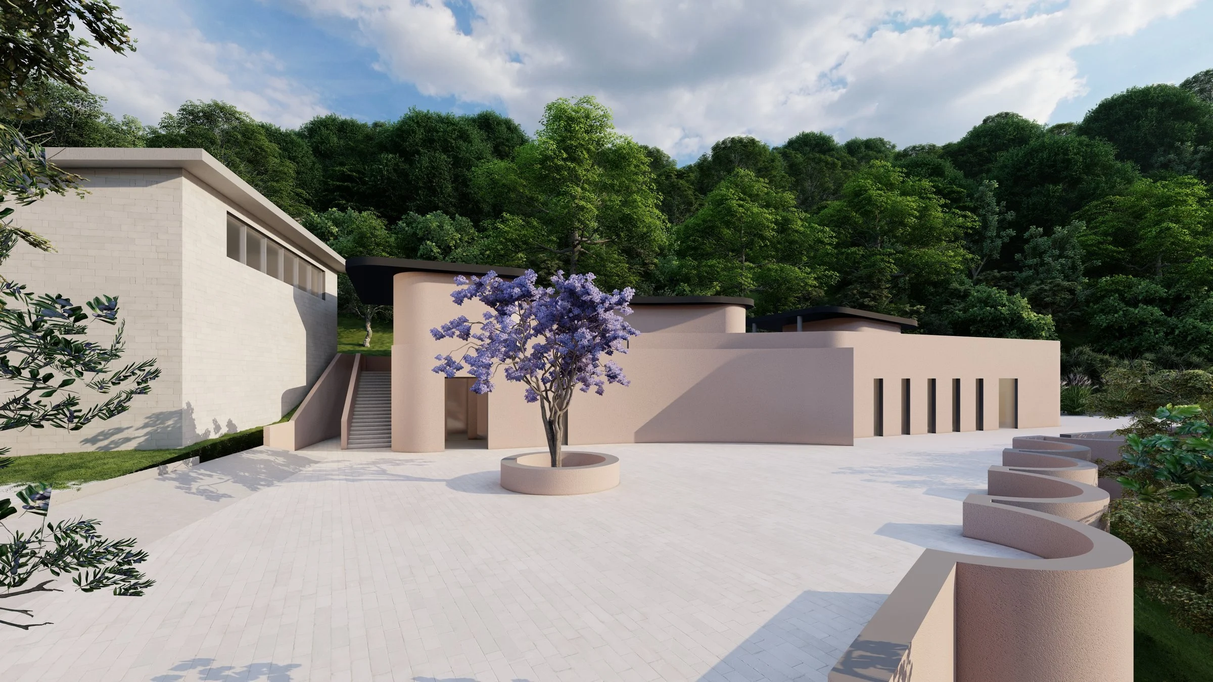 Rendering — courtyard, Ma-jung, Yuseong Tourist Farm, Cheonan (masterplan, 2025)