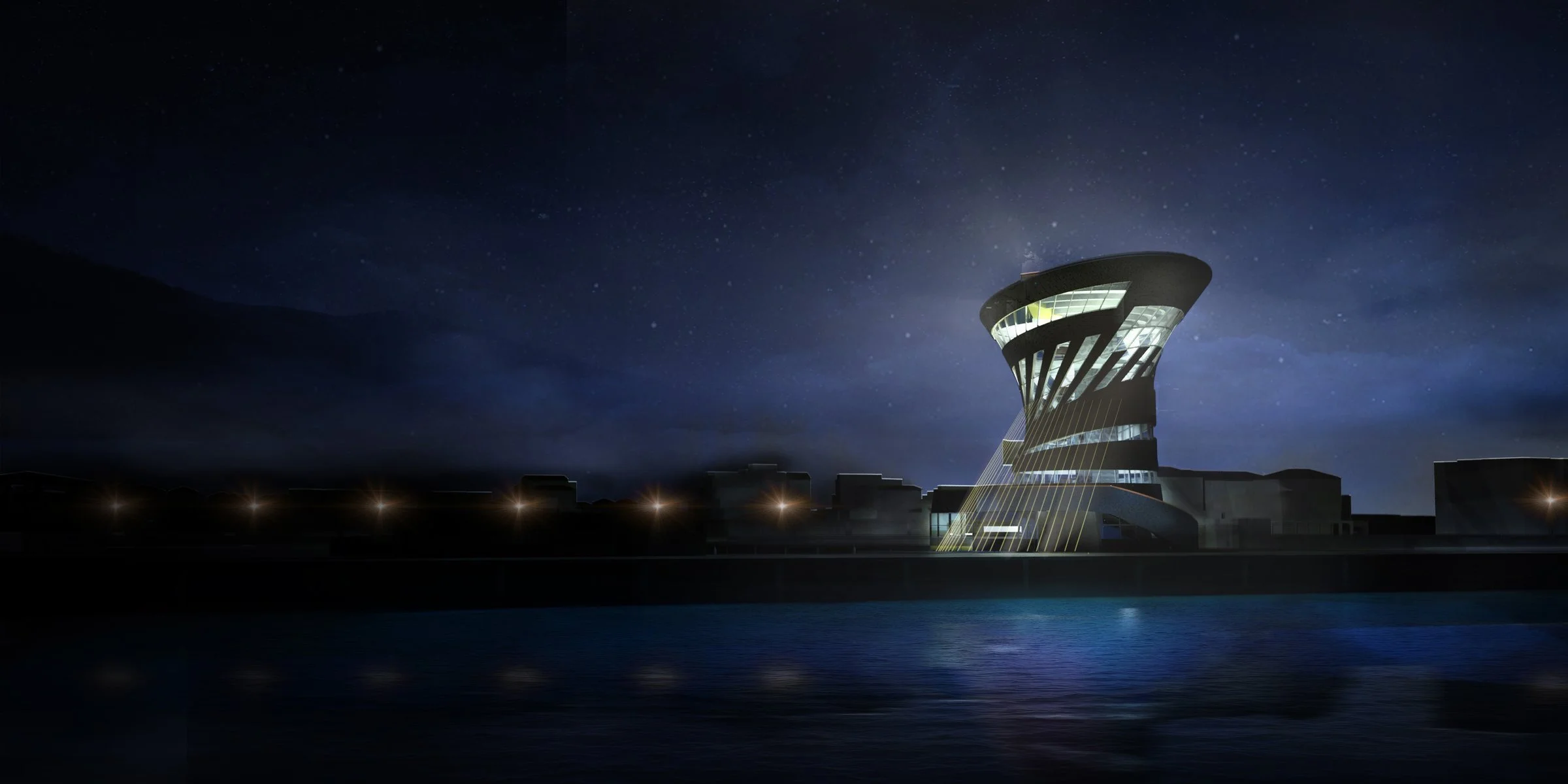 Night view of the proposal at the marina entrance (rendering)