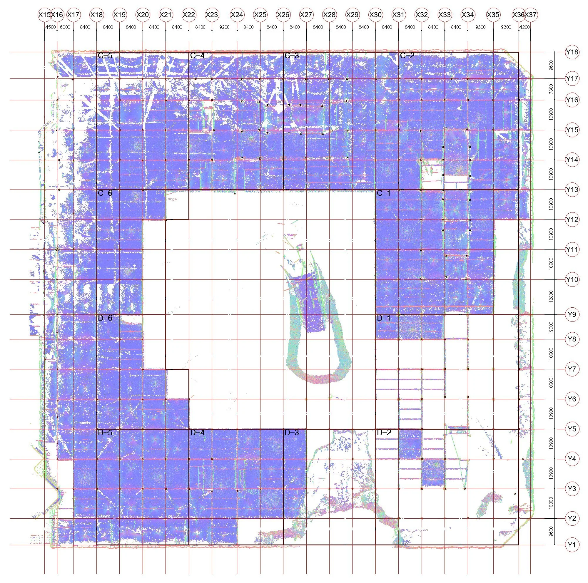 Parc 1, Yeouido — point cloud of one floor during construction, overlaid on the structural grid