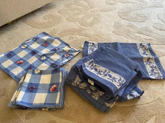 Assorted folded cloth napkins and towels with blue and white patterns on a beige carpet.