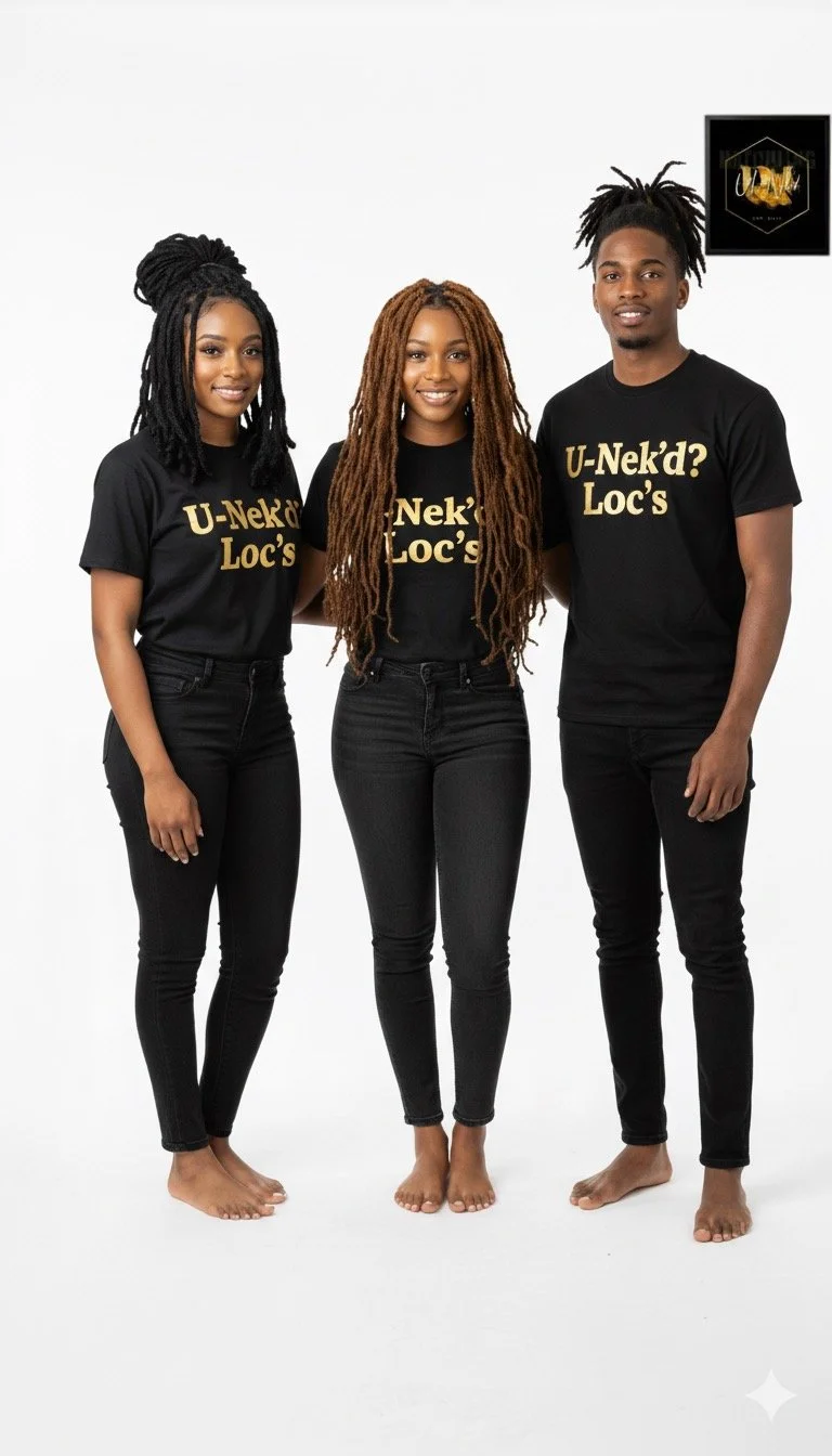 Three young adults standing together in black t-shirts with yellow text, smiling at the camera against a plain white background.