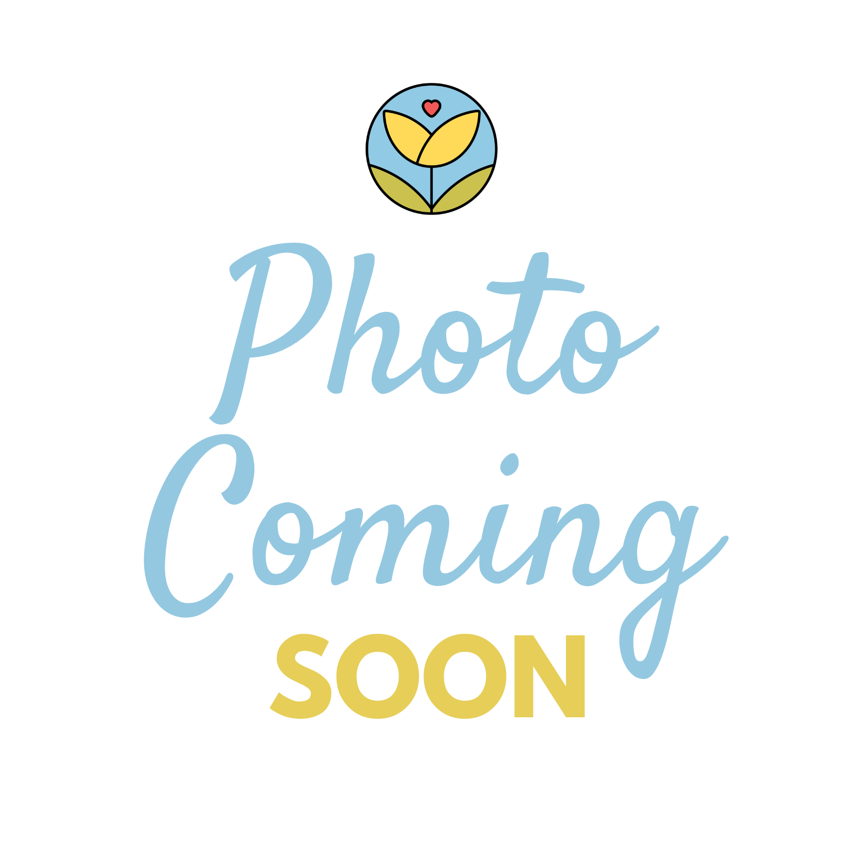 Placeholder image with circular logo featuring a plant with two yellow leaves and a red heart above them, above stylized blue and yellow text saying 'Photo Coming Soon'.