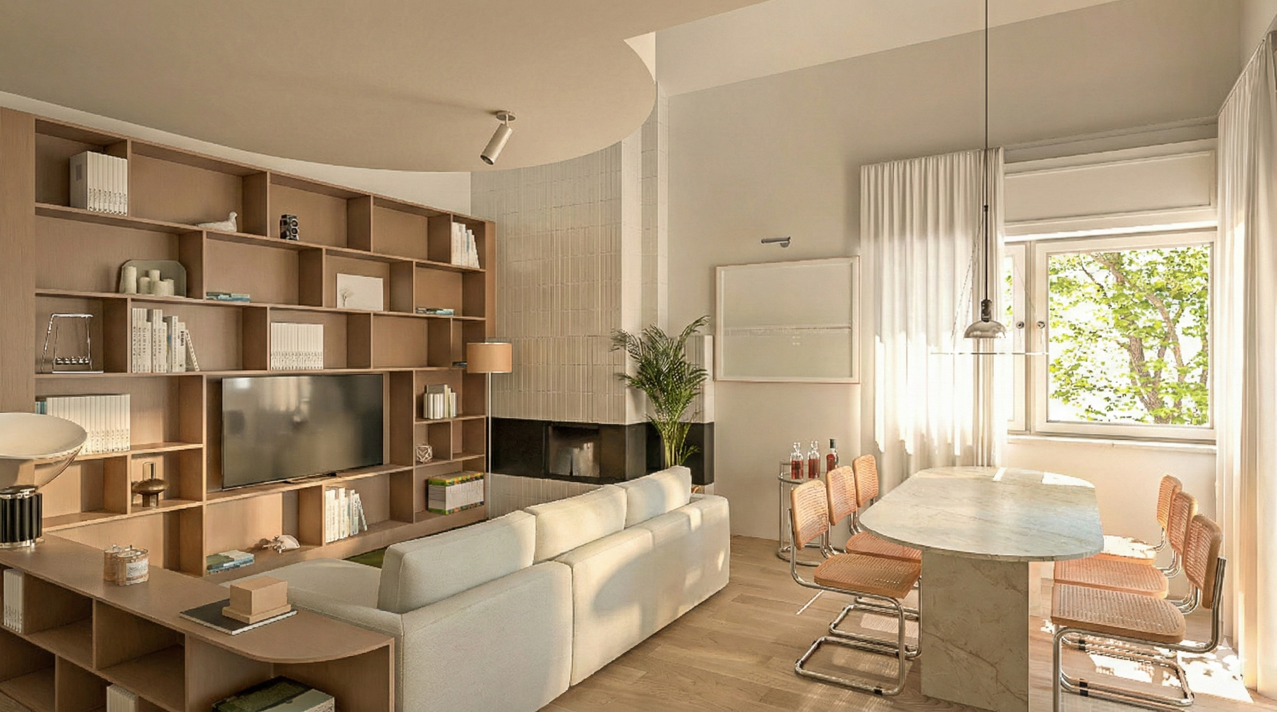 Sala da pranzo e soggiorno con parete libreria in legno, poltrona bianca, tavolo da pranzo in marmo con sedie in vimini, finestra con tendaggi bianchi e vista su alberi verdi.