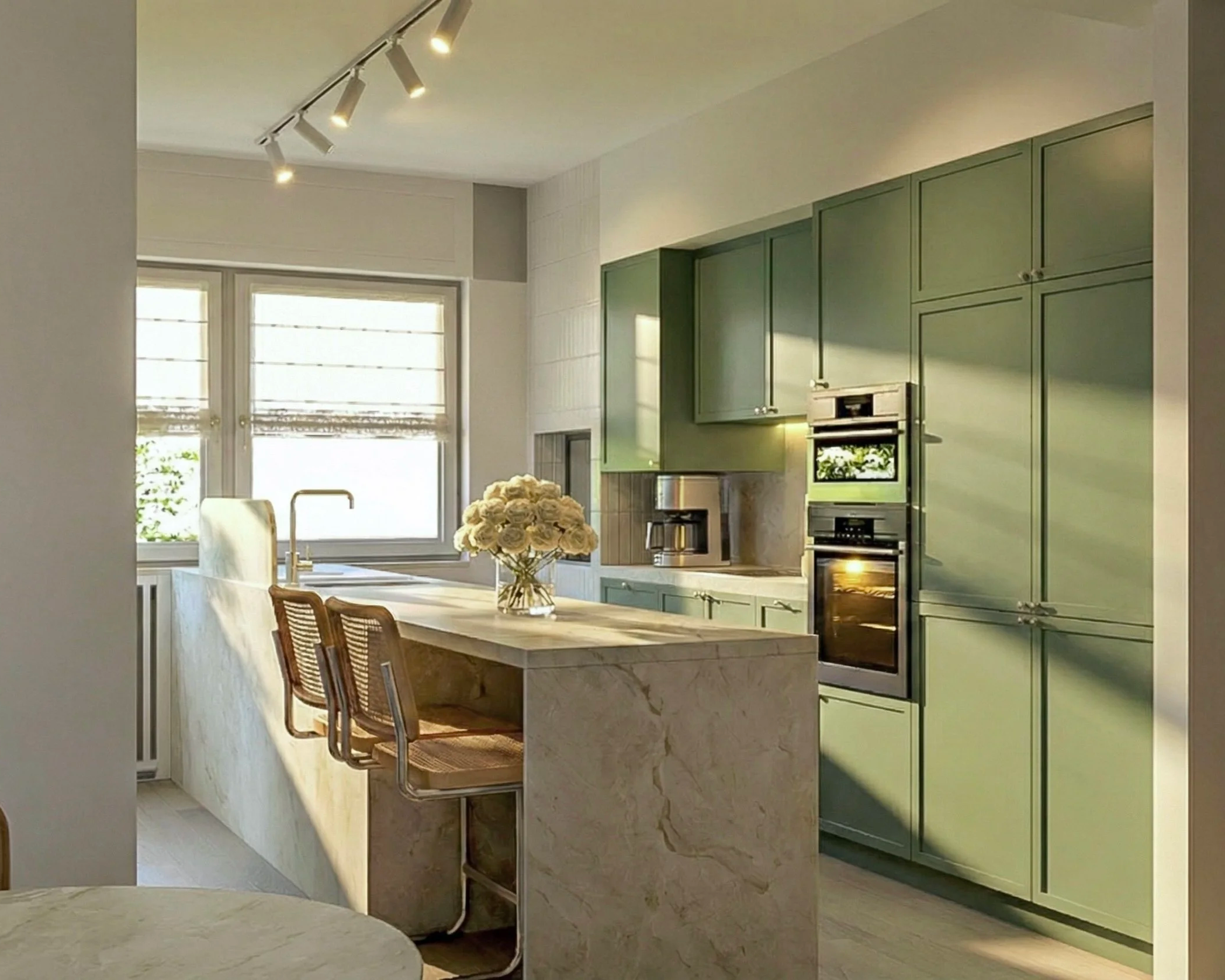 Cucina moderna con armadi verdi, isola in marmo con fiori, luci a binario e grande finestra