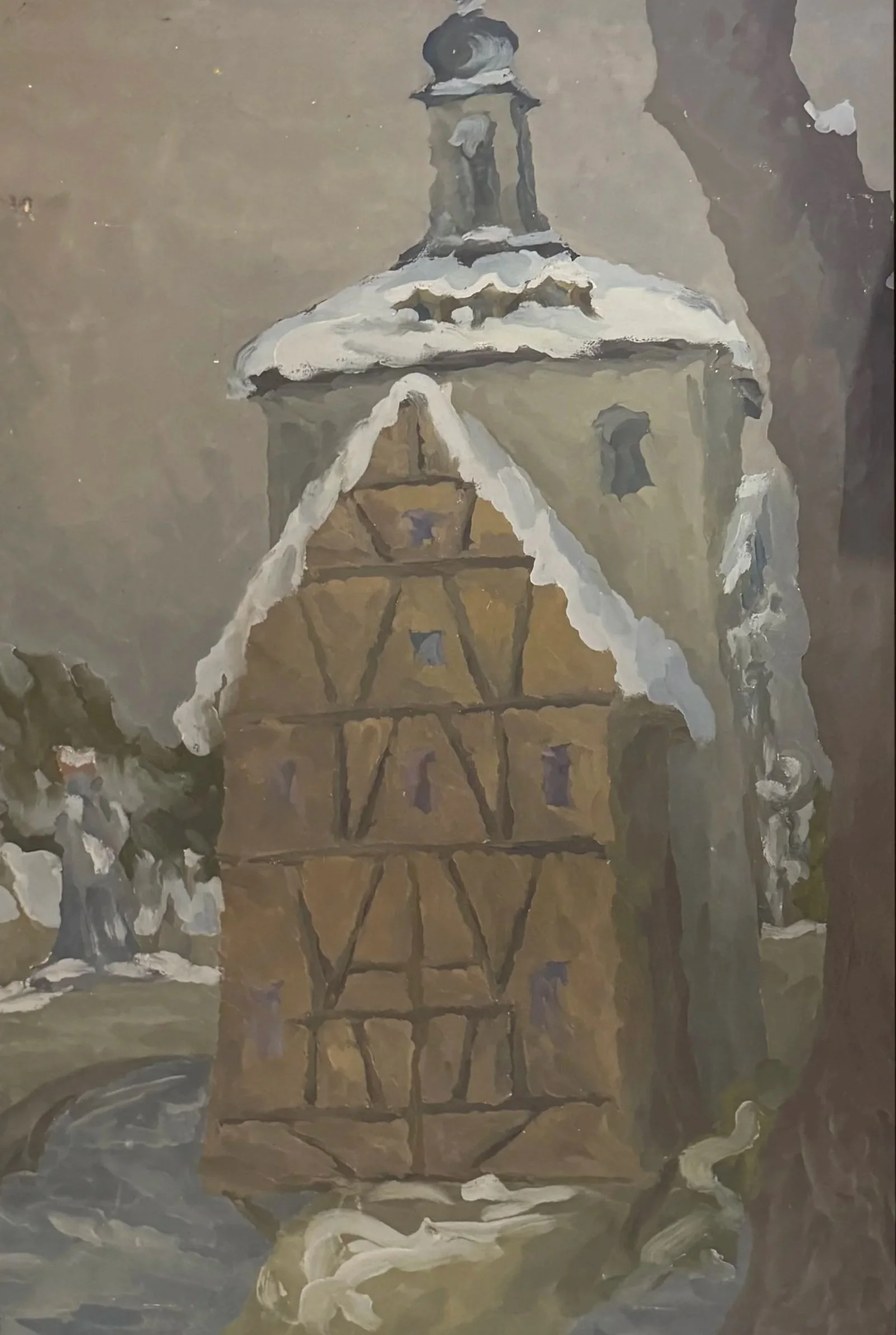 Dipinto a olio originale del 1973 di Mario Dalla Fini. Paesaggio invernale innevato con edificio a graticcio a Bamberga, Germania. Stile impressionista materico su tela.