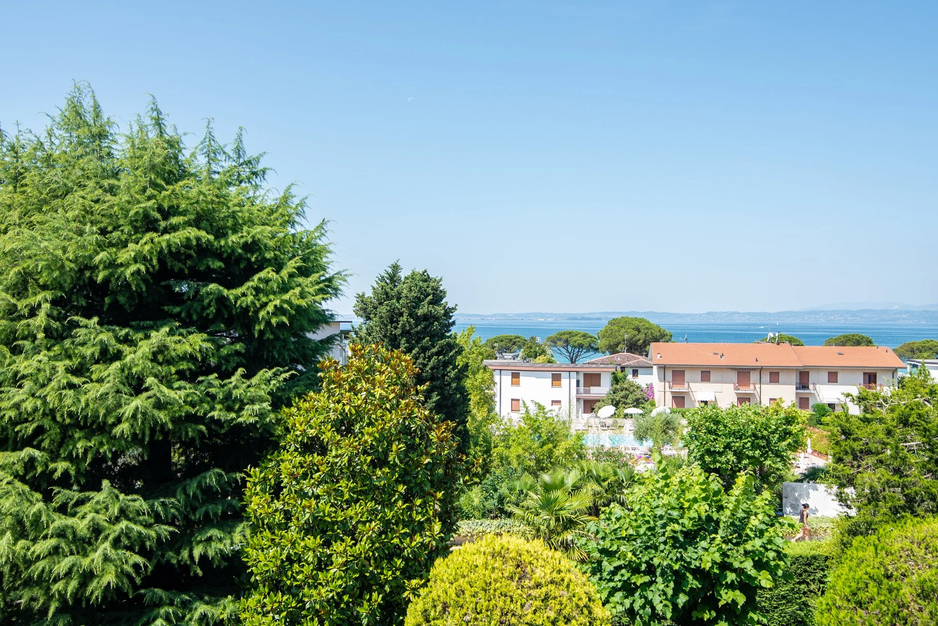 Vista di case e palme circondate da alberi verdi con il mare sullo sfondo in una giornata soleggiata.