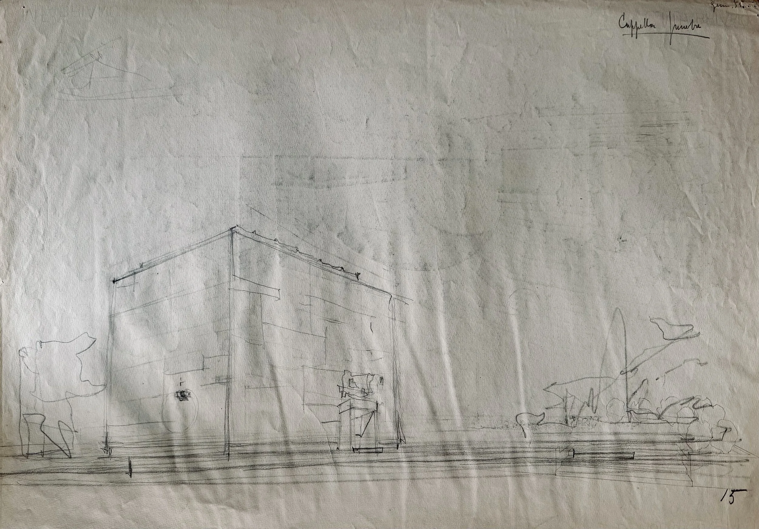 Retro del Disegno architettonico originale del 1955 di una Porta di città con arco monumentale. Studio a matita e carboncino dall'Archivio Piovan Venezia, stile modernista italiano.