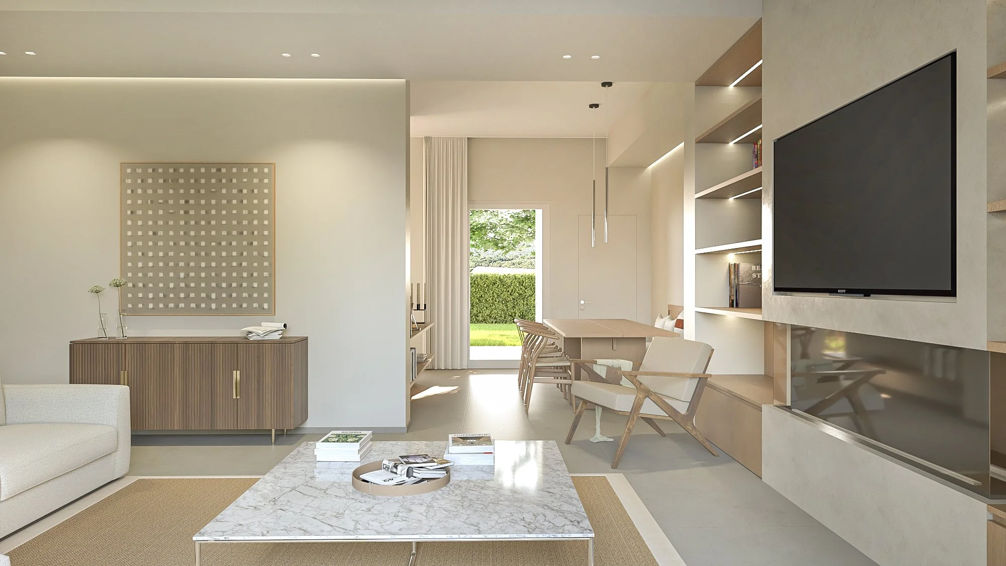 Interno di un soggiorno moderno e minimalista con divano bianco, tavolino in marmo, pareti chiare e televisore montato su una parete.