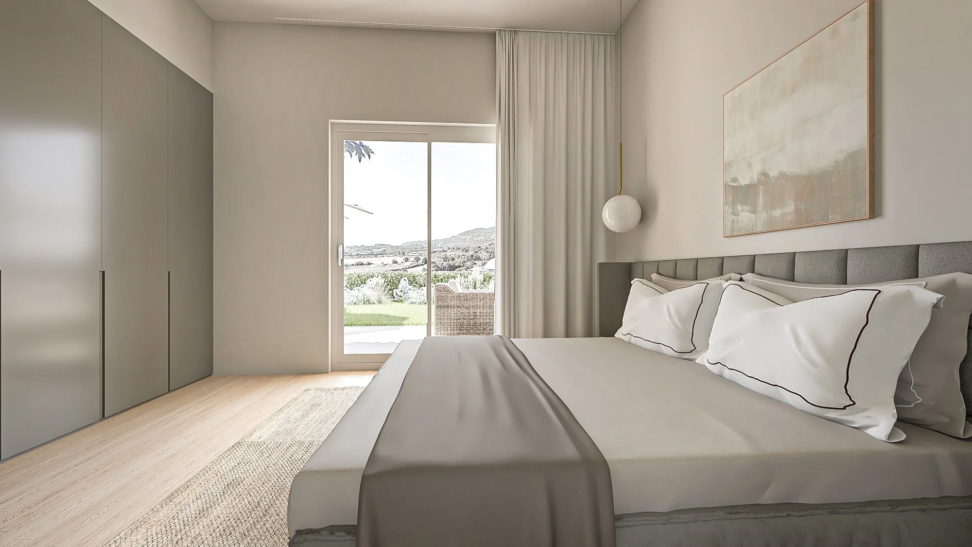 Camera da letto moderna con letto con biancheria bianca, cuscini, armadio grigio, finestra con vista su paesaggi naturali e porta che conduce a un'area esterna.