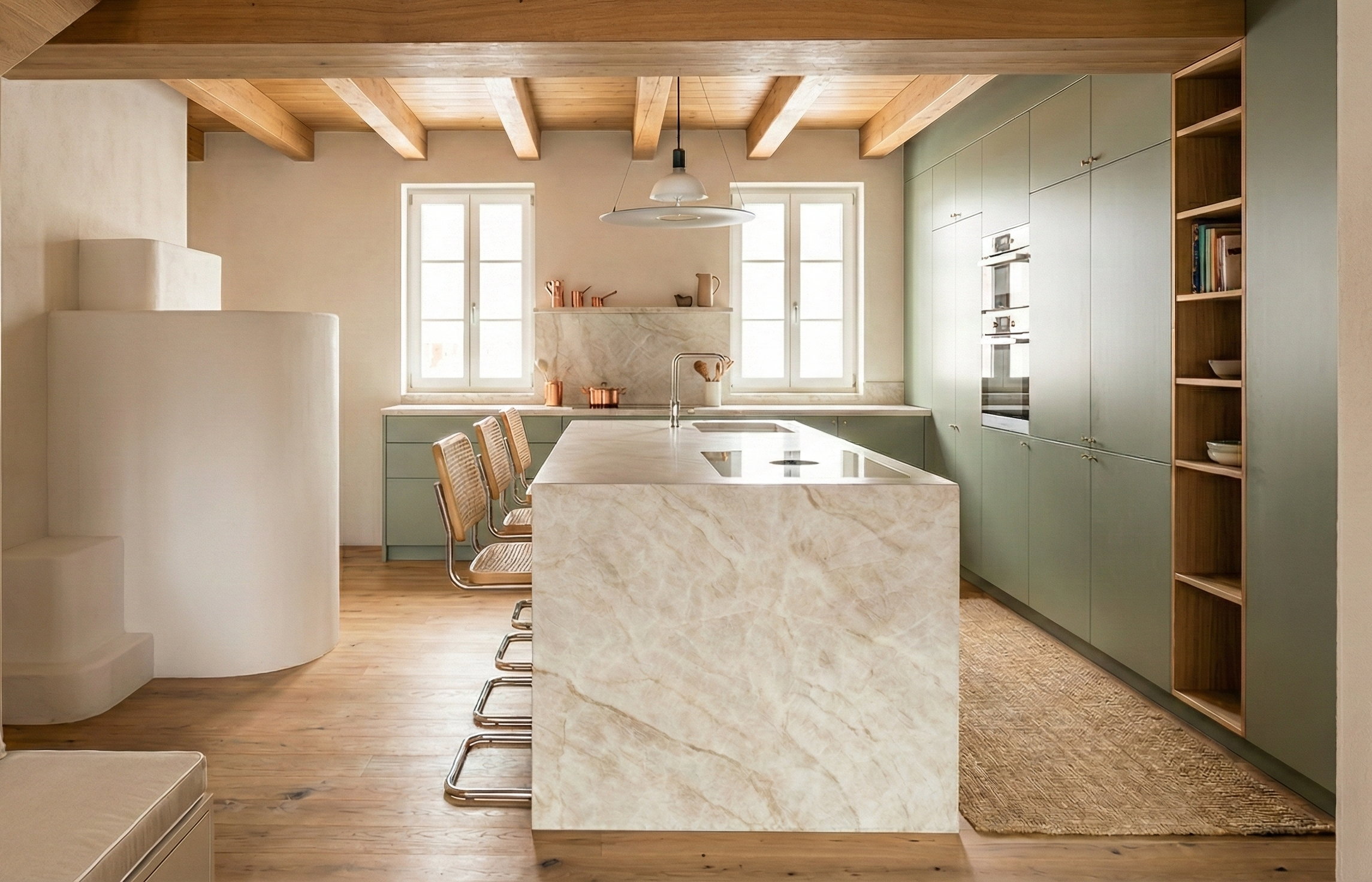 Cucina moderna con pareti verdi, armadi a soffitto, isola in marmo con piano cottura, sedie con schienale a rattan e pavimenti in legno.