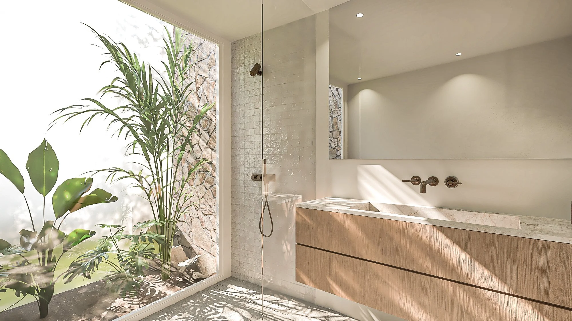 Bagno moderno con lavabo in marmo, specchio grande e doccia con pareti di vetro, illuminato da lampade a soffitto e luce naturale da finestra.